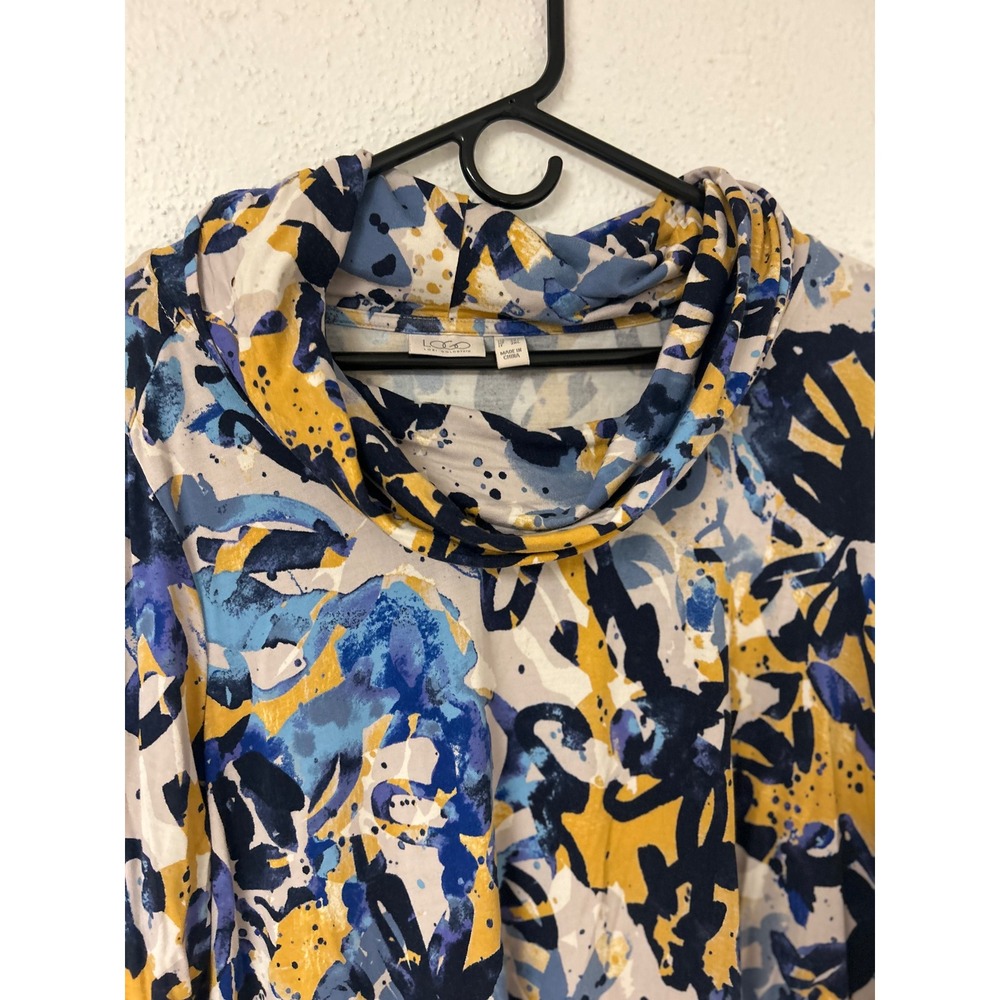 LOGO Lori Goldstein Cowl Neck Ruffle Hem Tunic Abstract Floral Blue Yellow 1X - Picture 3 of 7